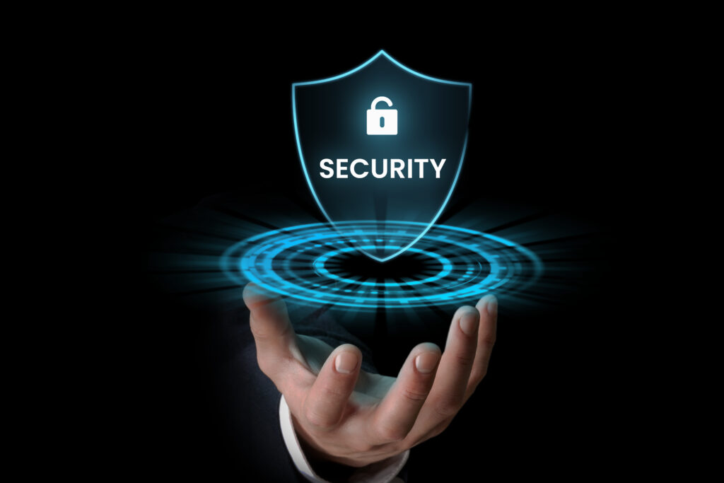 businessman holding digital security icon hand internet security concept